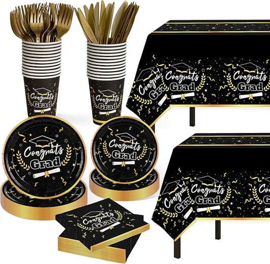 Graduation Decorations Class of 2026 Graduation Party Decorations,147 PCS Disposable Congrats Grad Tableware,Black and Gold Tablecloth Knives Fork Plates Napkin Cups for School,College,Party,Serve 24