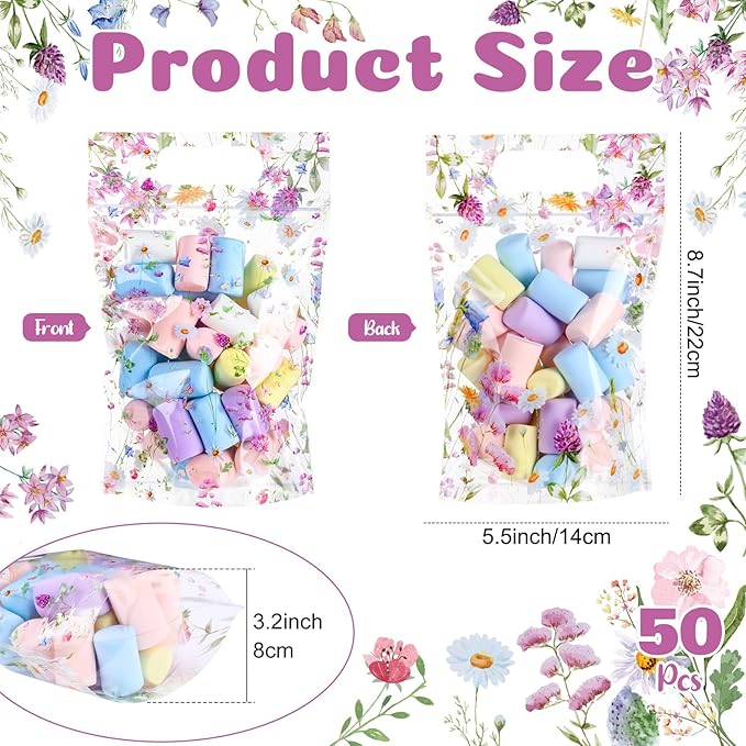 Blosssound 50 Pcs Wildflower Plastic Bags Clear Floral Baby Shower Favor Bags with Handles Flower Theme Sealed Pouches for Wedding Birthday Party Candy Guests Gift Wrapping Supplies Decor (Wildflower)