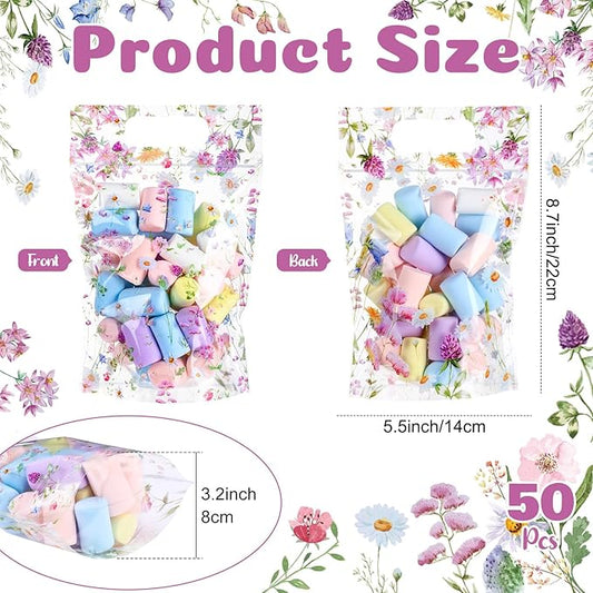 Blosssound 50 Pcs Wildflower Plastic Bags Clear Floral Baby Shower Favor Bags with Handles Flower Theme Sealed Pouches for Wedding Birthday Party Candy Guests Gift Wrapping Supplies Decor (Wildflower)