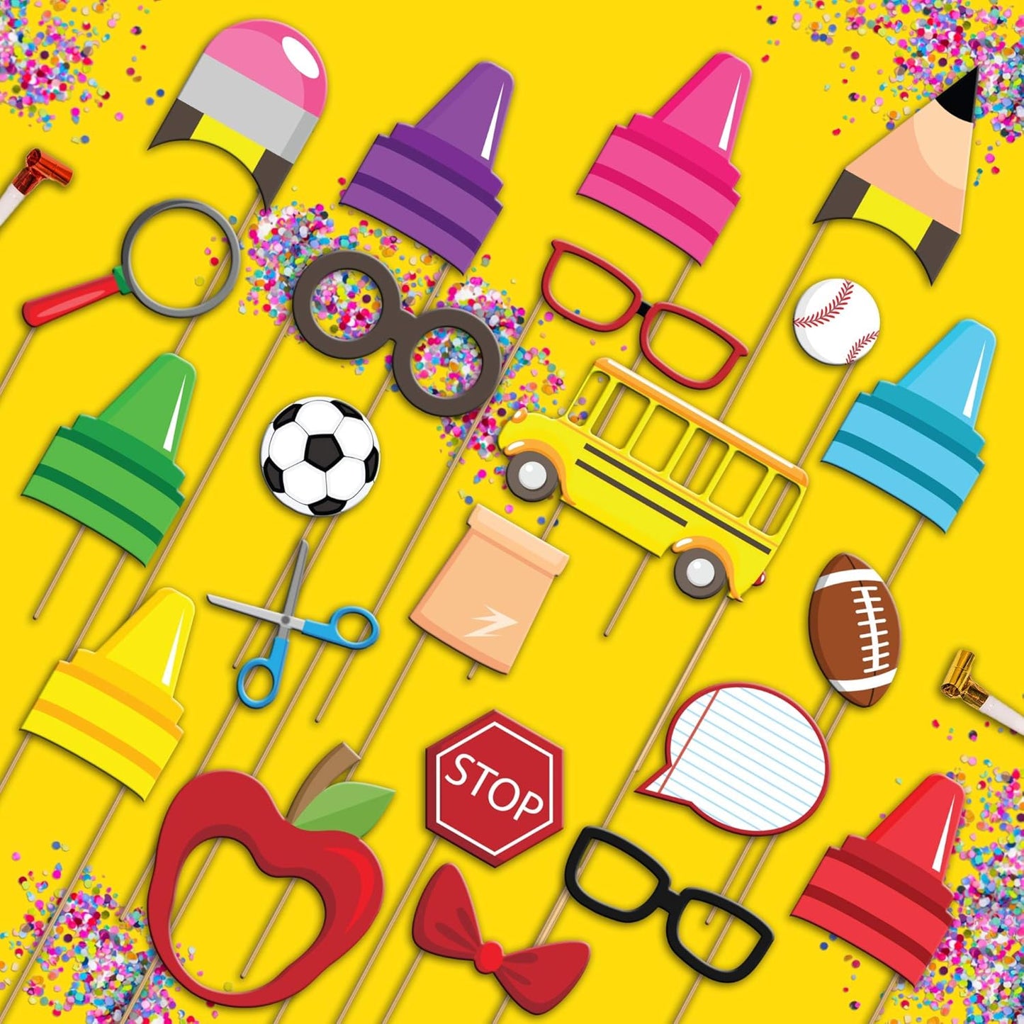 School Bus Photo Booth Props Kit - 20 Pack Party Camera Props Fully Assembled
