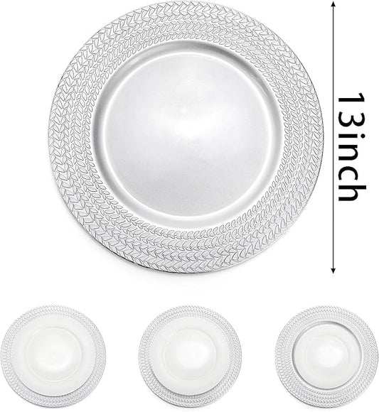 SOUJOY 12 Pack Silver Charger Plates, 13 Inch Plastic Dinner Plate, Leaf Trim Antique Charger Plate for Weddings, Parties, Anniversary, Thanksgiving, Christmas