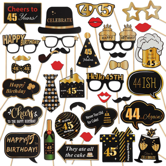 LINGTEER Happy 45th Birthday Party Photo Booth Props,Cheers to 45th Birthday 45th Years Old Bday Party Centerpieces Props Decorations Sign.