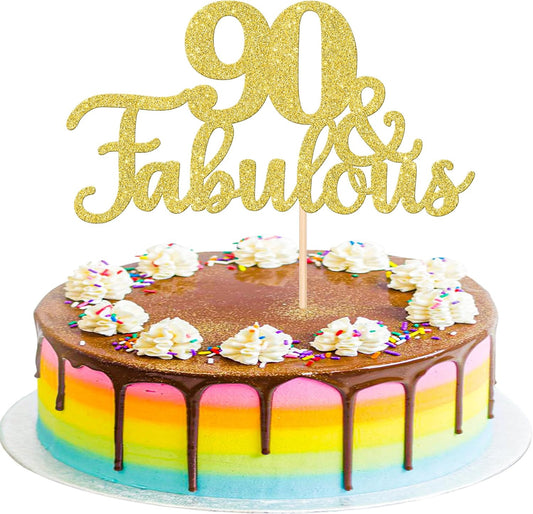 1 PCS 90 & Fabulous Cake Topper Gold Glitter 90th Birthday Anniversary Cake Pick Decoration for 90th Birthday Wedding Anniversary Party Decorations Happy 90th Birthday Cake Decorations Supplies