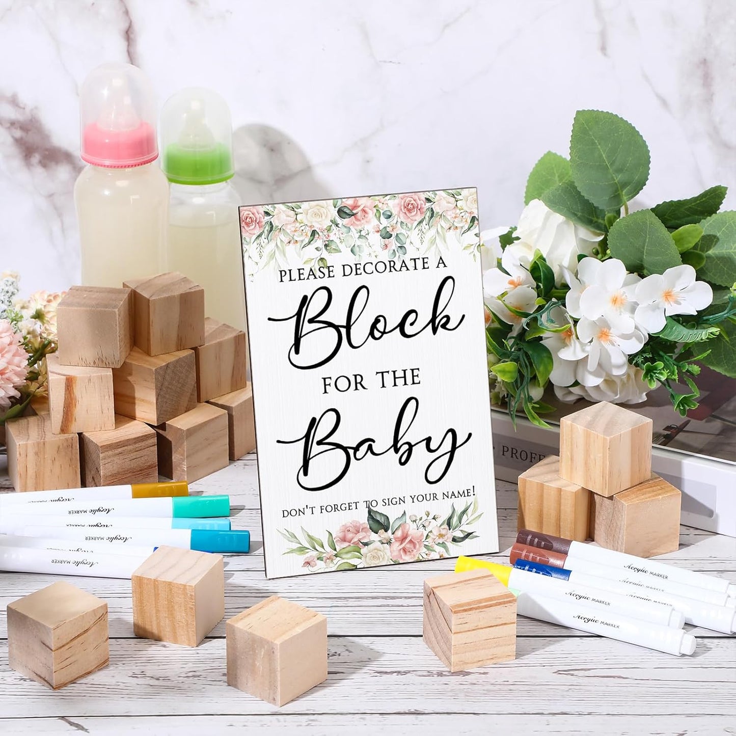 Tatuo 75 Pcs Baby Shower Games Sign Kit Including Decorate a Block Game Sign 50 DIY Wooden Block 24 Acrylic Paint Marker Baby Shower Prize for Gender Reveal Party(Floral)