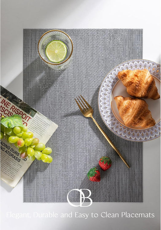 Placemats Set of 6 - Easy Clean Woven Vinyl Placemat for Dining Table, Indoor/Outdoor Place Mats, Washable PVC Table Mats（Gray）