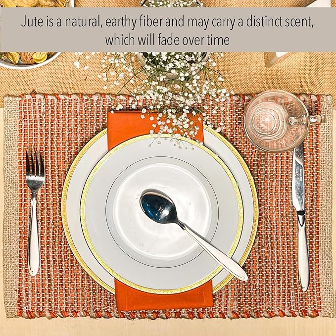 Chardin Home Natural Jute & Rust Orange Placemats, Set of 4 – Rustic Handmade Boho Table Mats, 13x19 Inch Dining Table Placemats for Kitchen, Everyday Meals, Holidays, Farmhouse or Modern Table Décor
