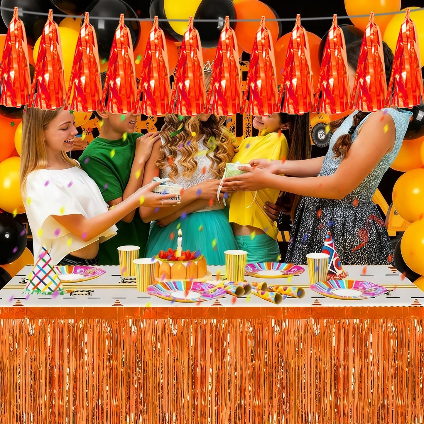 4P Orange Tassel Banner Garland Metallic Foil Fringe Banner Tinsel Tassels Streamer Banner Backdrop for Parade Floats, Graduation Decorations, Father's Day, Fall, Thanksgiving Party Decoration