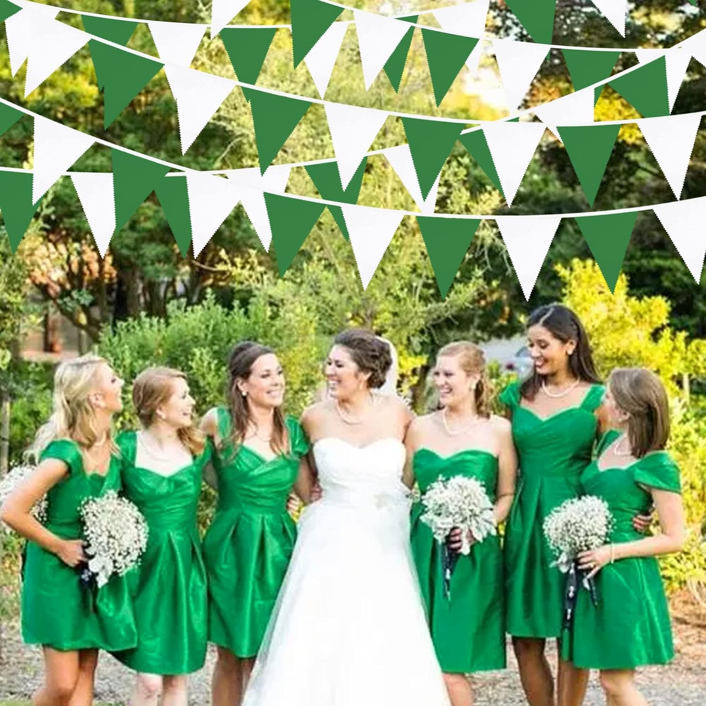 32Ft Green and White Banner Party Decorations Triangle Flag Fabric Banner Cotton Pennant Bunting Garland for Christmas Wedding Birthday Home Nursery Outdoor Garden Masters Golf Party Decoration