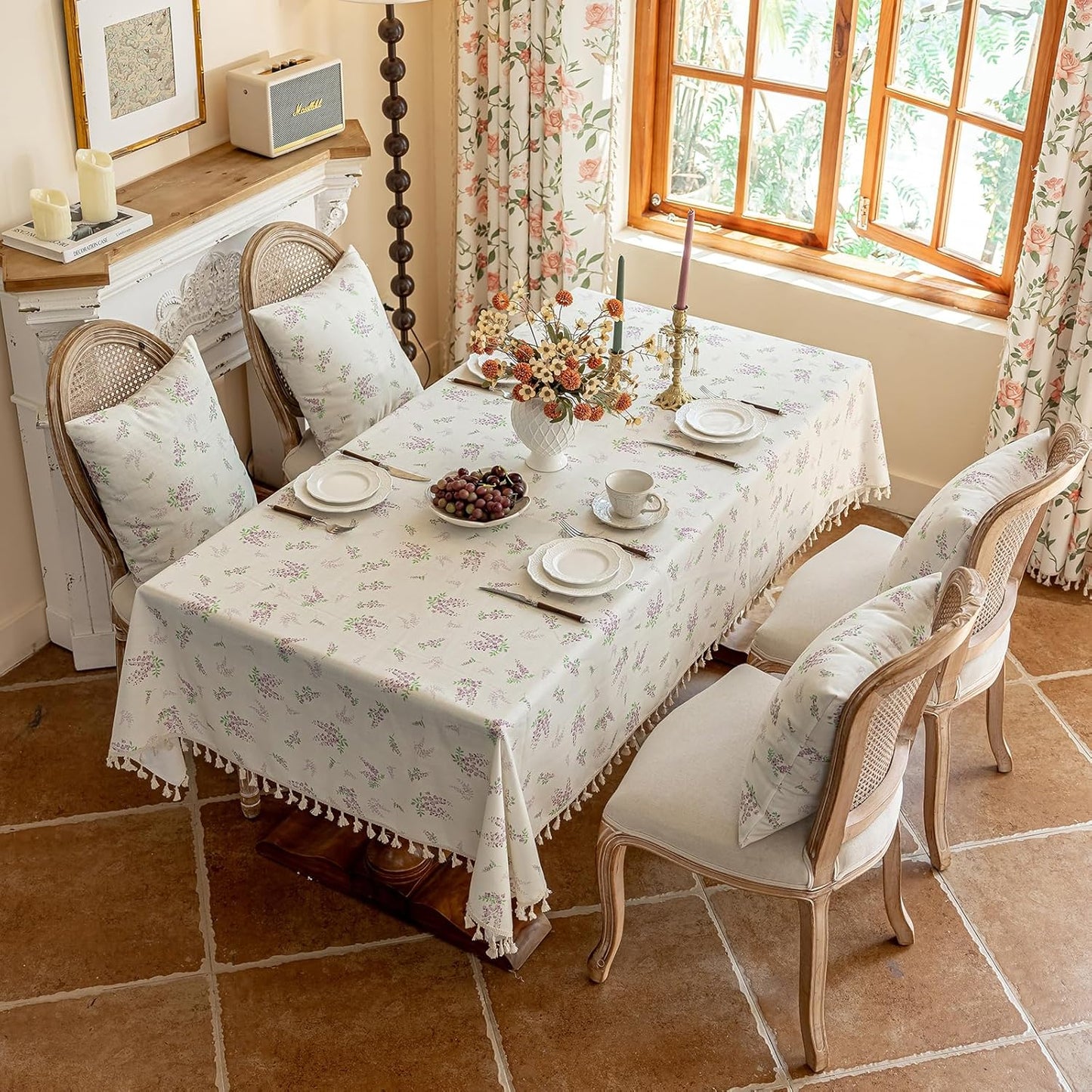 ENJOYBRIDAL Purple Floral Tablecloth - 60 x 120 Inch - Rectangle Cute Table Cloth French Decorative Flower Dining Table Cover 10-12 Seats Camping Picnic Kitchen Vintage Furniture Protector