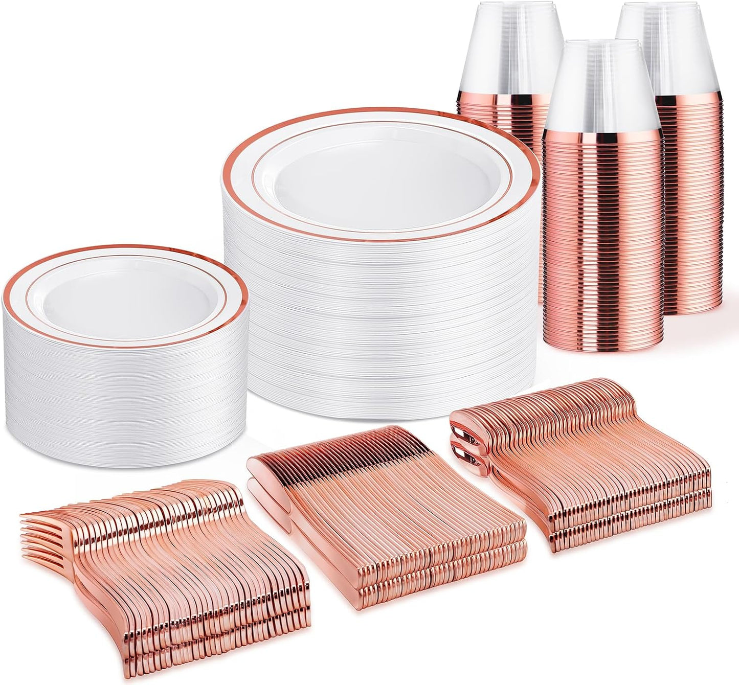 WELLIFE 450 PCS Rose Gold Disposable Dinnerware Set for 75 Guests, Mothers Day Plates, 75 Dinner & Salad Plate, Cups, Forks Knives Spoons for Wedding Reception and Valentine's Day