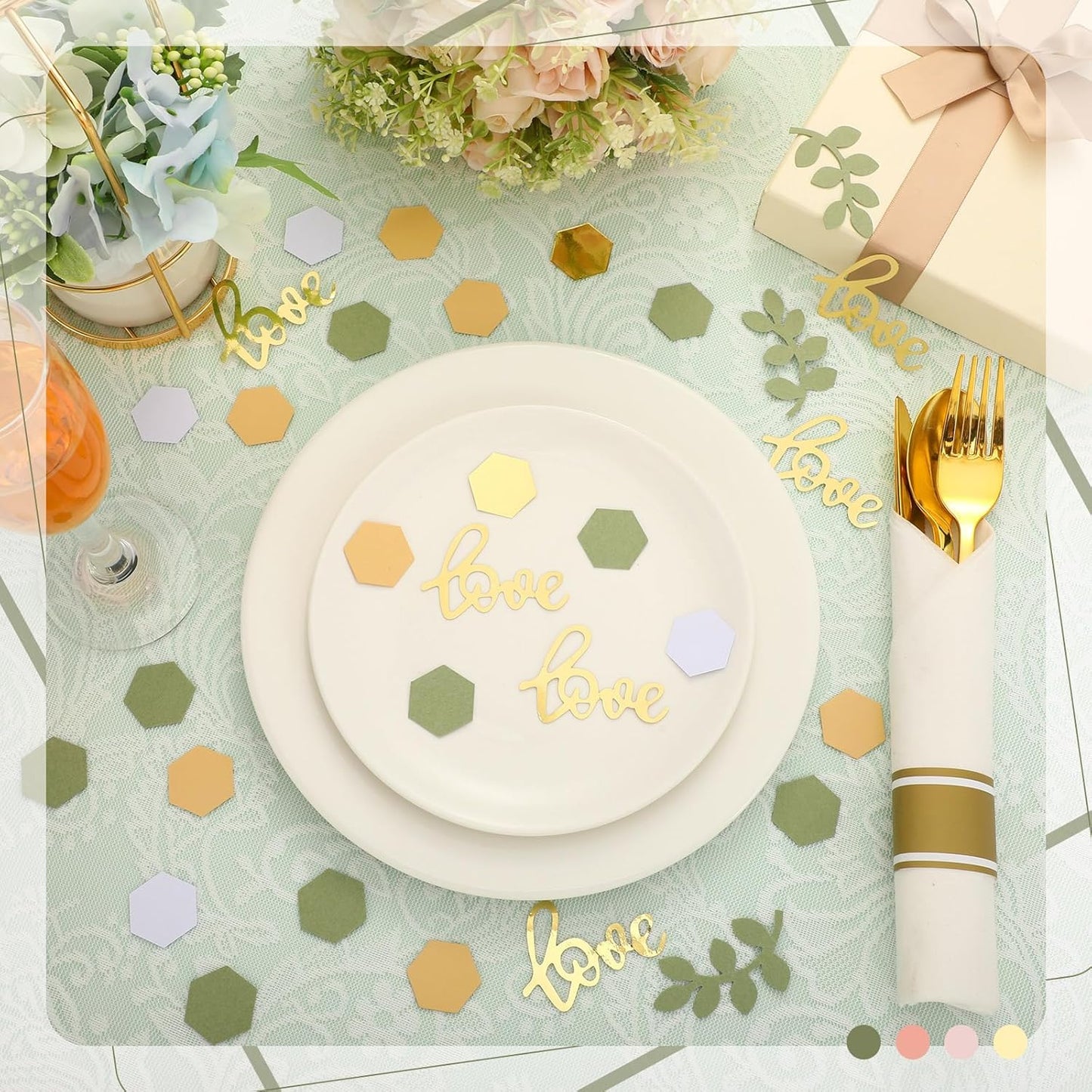 500 Pcs Greenery Wedding Table Confetti, Boho Love Theme Party Sage Green Table Scatter Confetti for Nature Theme Engagement Party Wedding Birthday Shower Party (Gold, Tea Green, Nude, White)