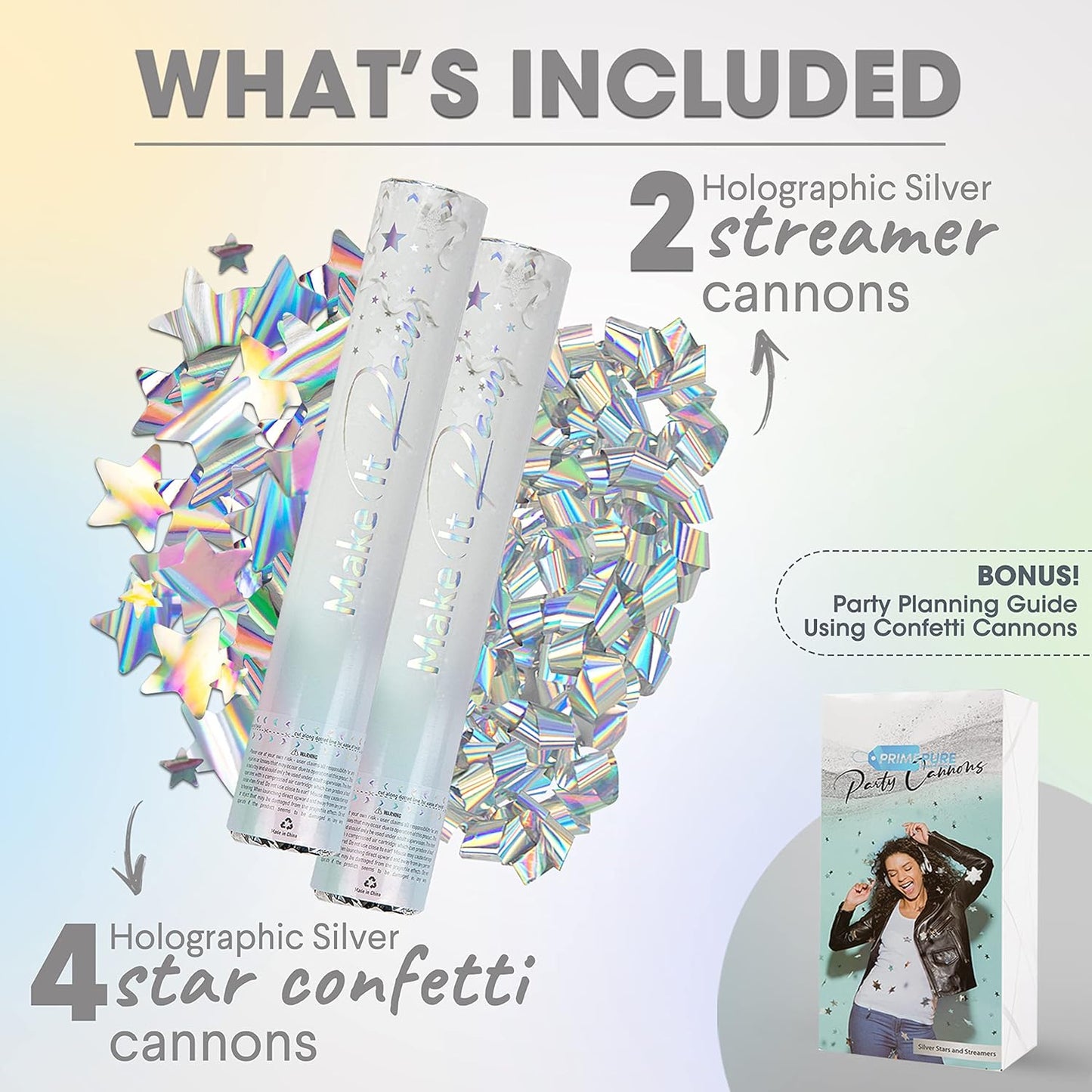 PrimePure Confetti Cannon Party Poppers - Holographic Silver Stars Confetti Popper & Streamer - 6 Pack - New Years Party Cannon Silver Glitter Star Pop Gun for NYE 2026, Birthday, Celebration, Pranks