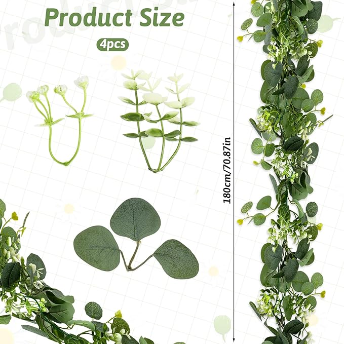 4 Pack Eucalyptus Garland for Table, 5.9ft Faux Garlands Greenery for Centerpieces, Artificial Eucalyptus Garlands for Table Decor, Fake Vine Garland for Wedding Backdrop Arch Wall Decoration