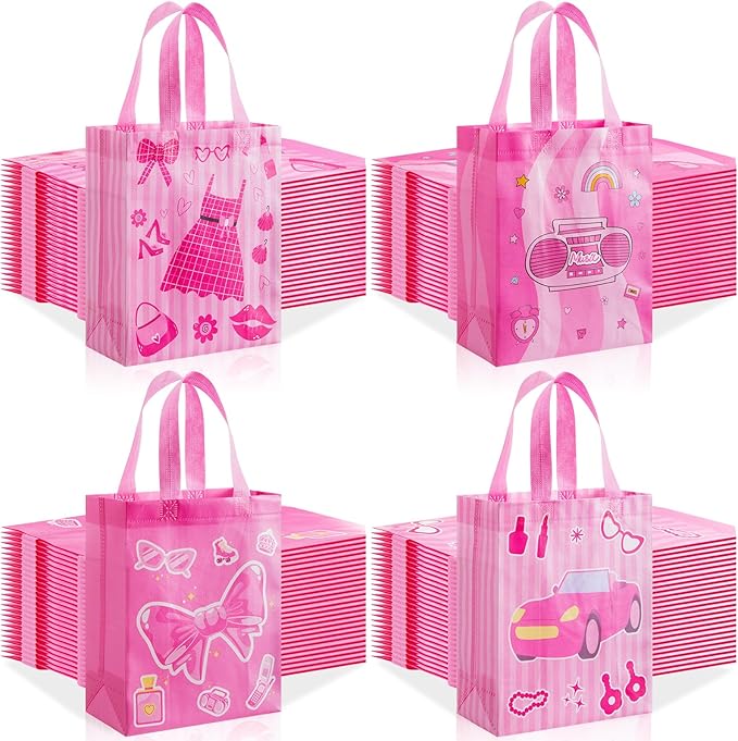 Wesnoy 48 Pcs Pink Gift Bags Bulk 10 x 8 x 4 Inch Princess Sweet Party Favors - Reusable Non Woven Hot Pink Goodie Bags Candy Treat Tote with Handles for Coquette Birthday Party Supplies