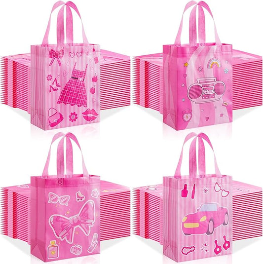 Wesnoy 48 Pcs Pink Gift Bags Bulk 10 x 8 x 4 Inch Princess Sweet Party Favors - Reusable Non Woven Hot Pink Goodie Bags Candy Treat Tote with Handles for Coquette Birthday Party Supplies