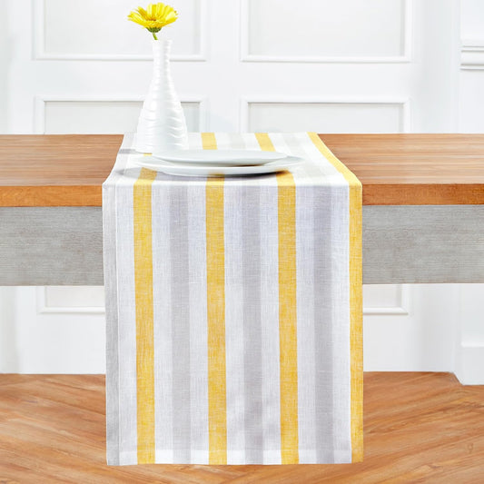 Solino Home Linen Table Runner 36 Inches - Sorrento Stripe 100% Pure Linen Yellow and Grey Farmhouse Table Runner 14 x 36 Inch Ideal for Dresser and Coffee Tables