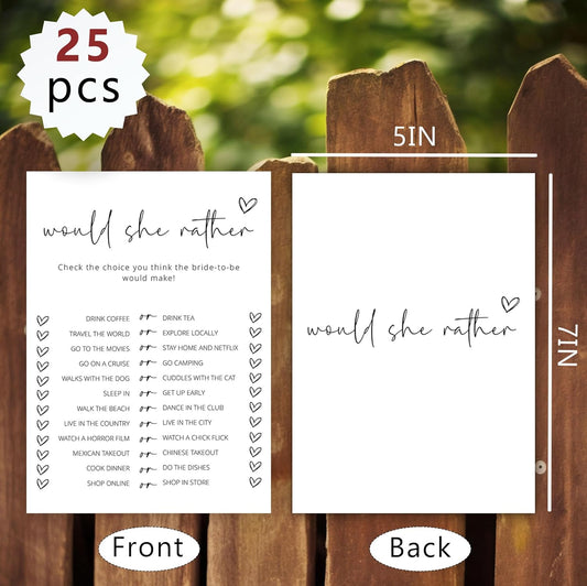 Bridal Shower Games, Would She Rather, 25Pcs Minimalist White Double-Sided Bridal Game Cards, Wedding Shower Games for Guests, Engagement Bachelorette Party Supplies - A15