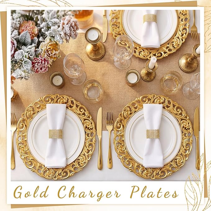 12 Pcs Vintage Gold Charger Plates Bulk 13 Inch Embossed Rim Plastic Round Decorative Plates Charger for Dinner Wedding Party Event Table Setting Decoration (Hollowed out)