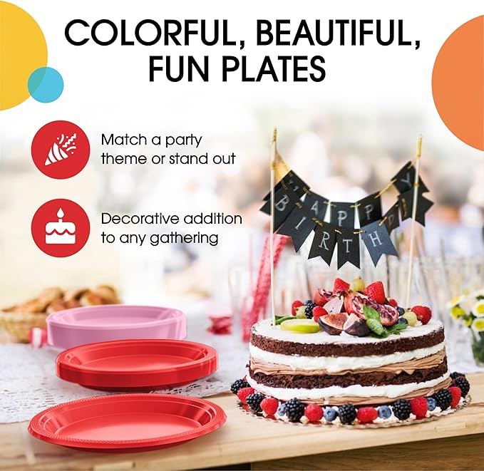 Party Solids Red & Pink Plastic Plates For Party Supplies, Red & Pink Disposable Plates 100 Pieces - 50-7" & 50-9" Heavy Duty 350 GSM Disposable Dinnerware Sets, Plastic Dinnerware Sets