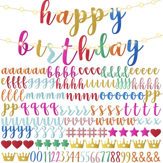 TaoBary 167 Pcs DIY Banner Kit Happy Birthday Glitter Banner Customizable Glitter Make Your Own Kit 162 Letters Symbols and Numbers 3 Rope for Birthday Halloween Wedding Christmas(Multi Color)