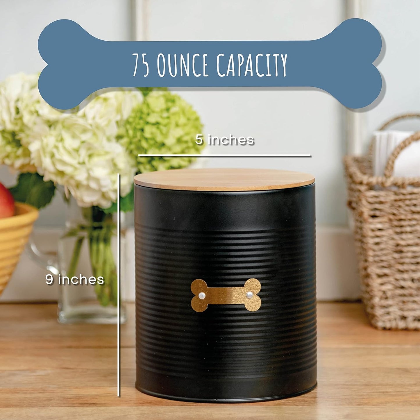 Park Life Designs - Metal Pet Treat Jar with Airtight Lid for Dogs, Cats, Puppies and More, Chic Kitchen Countertop Container for Cookies, Biscuits and Treats (Hector, Black, 2.25 Qt)