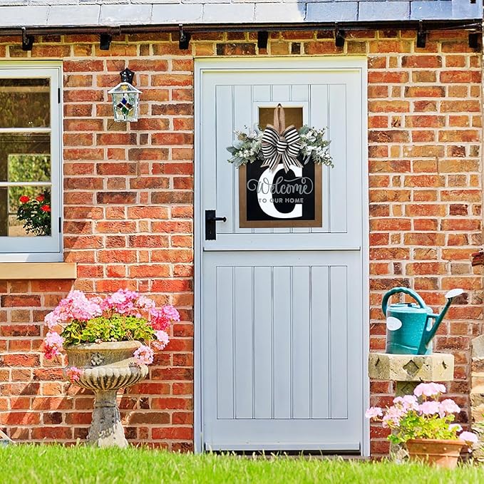 Last Name Year Round Front Door Wreath Front Porch Decoration 26 Letter Welcome Sign with Eucalyptus Garland and Bow Spring Wreaths for Front Door Outside Hanger Garland（C）