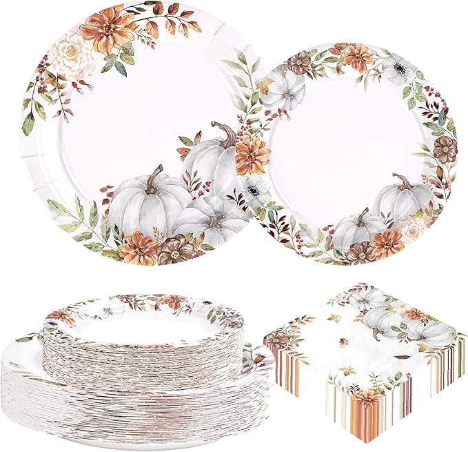 Grencian 200 Pcs Fall Pumpkin Paper Plates Watercolor Pumpkin Floral Platters Disposable White Pumpkin Decorative Tableware for Thanksgiving Harvest Wedding Birthday Party Decor Supplies Serves 50