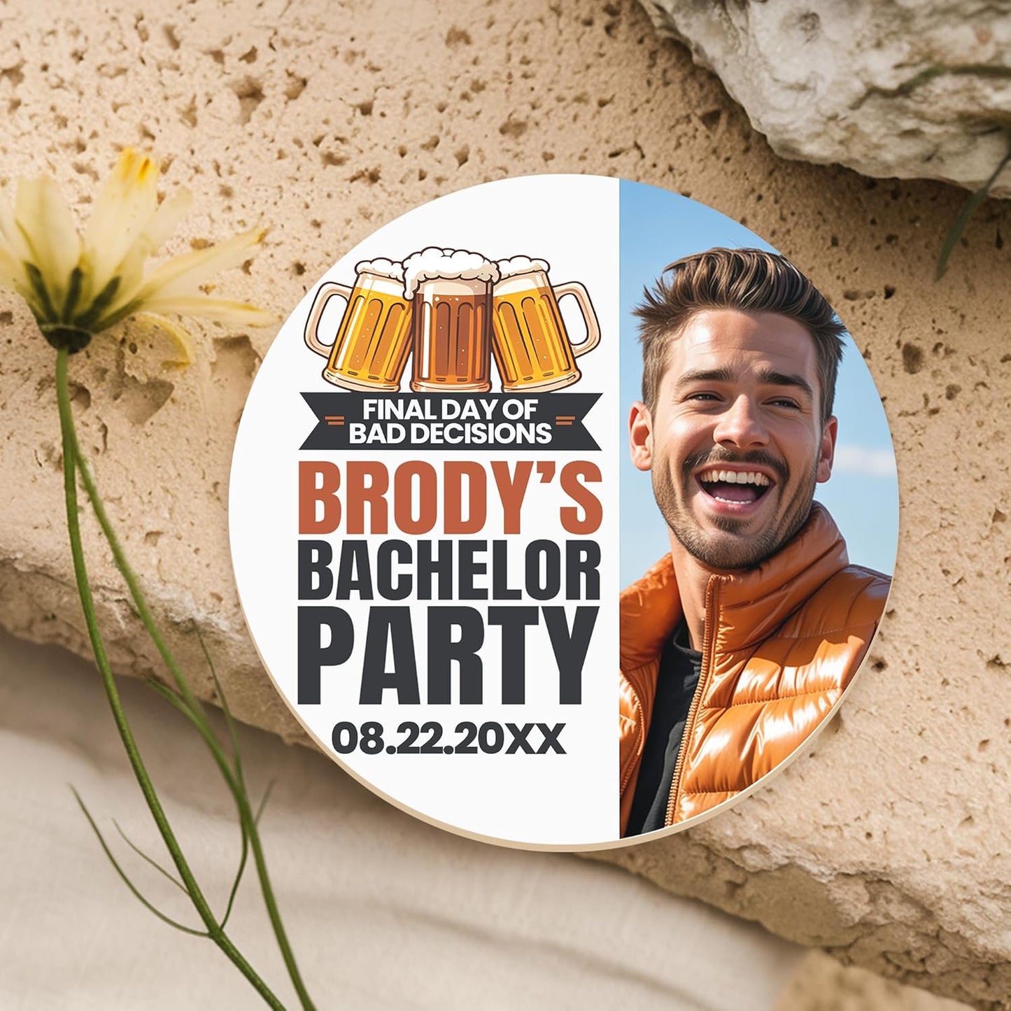60 Pack Personalized Bachelor Party Coasters, Custom Cardboard Drink Coasters with Photo Print and Text, Fun Bachelor Party Favors and Gifts, 3.95" Round, Design 2