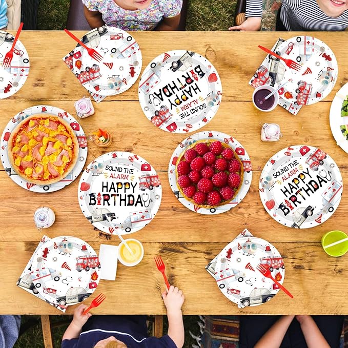 Grencian 96pcs Emergency Vehicle Birthday Party Decorations Fire Truck Plates and Napkins Ambulance Tableware Police Car Dinnerware for Kids Boys Girls Emergency Vehicle Birthday Party Decorations