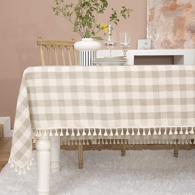 Rustic Checkered Tablecloth, Cotton Gingham Rectangle Table Cloths for Kitchen Dining Restaurant Farmhouse Thanksgiving Christmas Décor(55x102”,Gray Khaki)