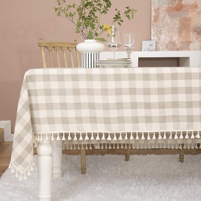 Rustic Checkered Tablecloth, Cotton Gingham Rectangle Table Cloths for Kitchen Dining Restaurant Farmhouse Thanksgiving Christmas Décor(55x120”,Gray Khaki)