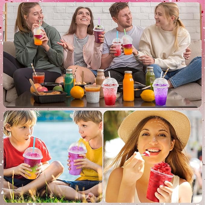 6 Set Slushie Cups with Dome Lids and Straws Detachable Spoon Straws Reusable Plastic Iced Coffee Cups Smoothie Tumbler for Birthdays Summer Party Supplies(Transparent White,16 oz)