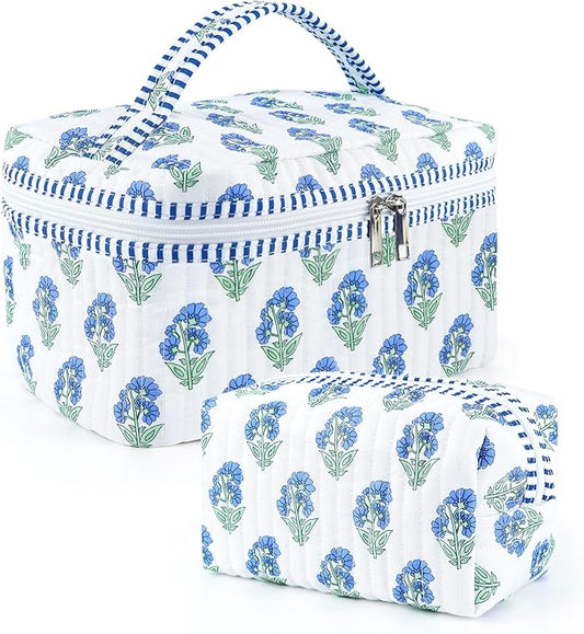 2 Pcs Quilted Makeup Bag Set, Floral Boho Toiletry Bag Travel Essentials Gifts for Women Girls, Cute Flower Cosmetic Organizer Pouch Make Up Bags for Travel Bachelorette Party Favors (Blue - White)