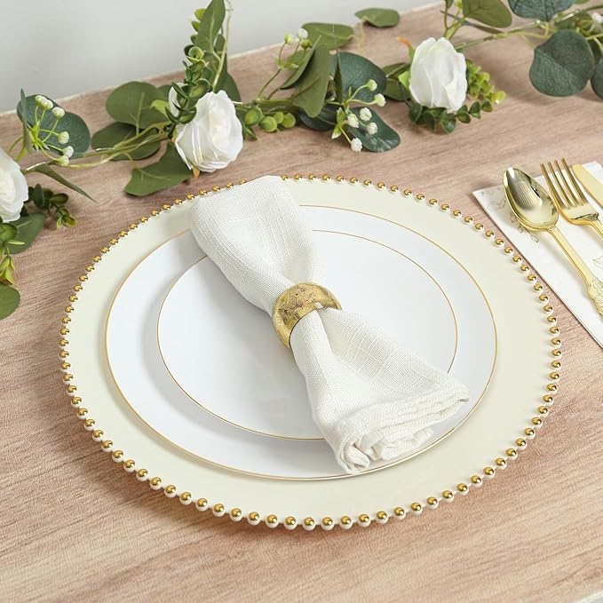 Efavormart 10-Pack Economy Plastic Charger Plates 13" Round Ivory with Gold Beaded Rim - Stylish Dinner Party Serving Plates