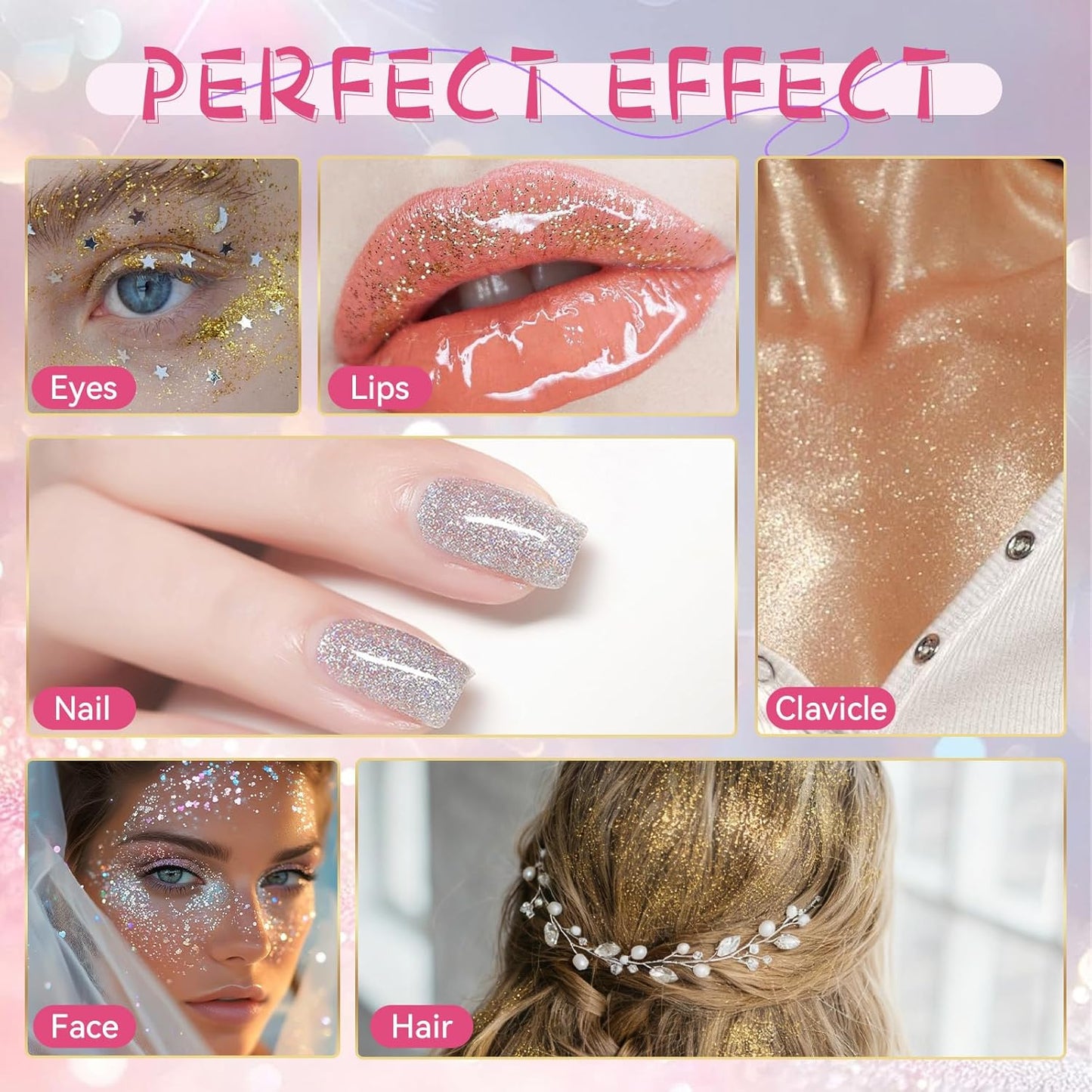 Roll-on Body Glitter, Long-Lasting Holographic Face Glitter Makeup Gel for Hair, Nails & Face Paint, Festival Rave Accessories, Party Concert Mermaid Shimmer (Gold)