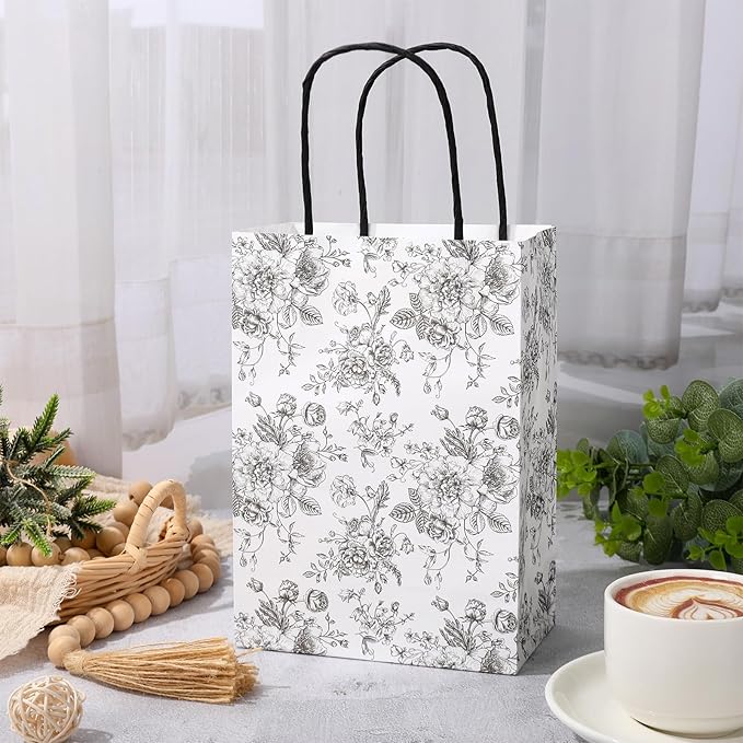 JarThenaAMCS 24Pcs Black Floral Kraft Paper Bags with Handles Chinoiserie Treat Gift Bags Vintage Flower Candy Goodie Bag for Wedding Birthday Baby Shower Party Favors Supplies