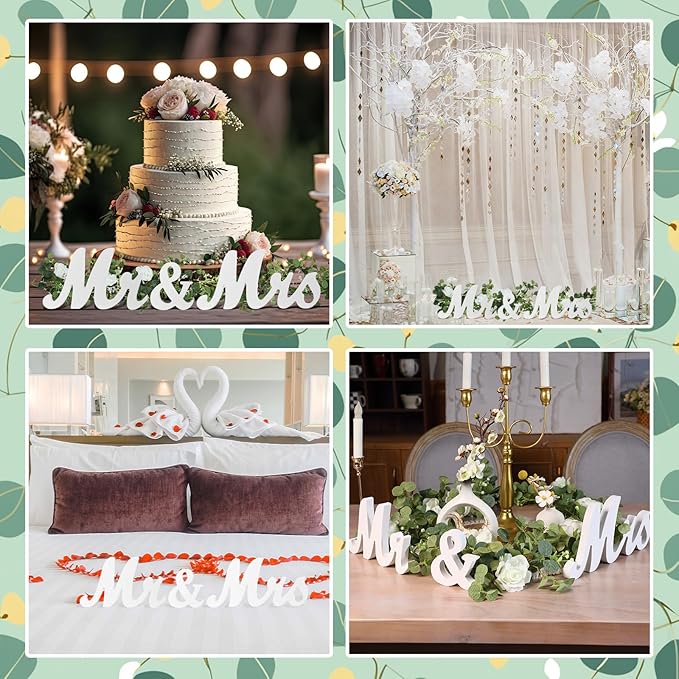 2pcs Large White Mr & Mrs Sign for Wedding Table with 5.91ft Artificial Flowers Garland, Wedding Centerpieces Wooden Bride and Groom Table Decorations for Engagement Decor(White Rose)