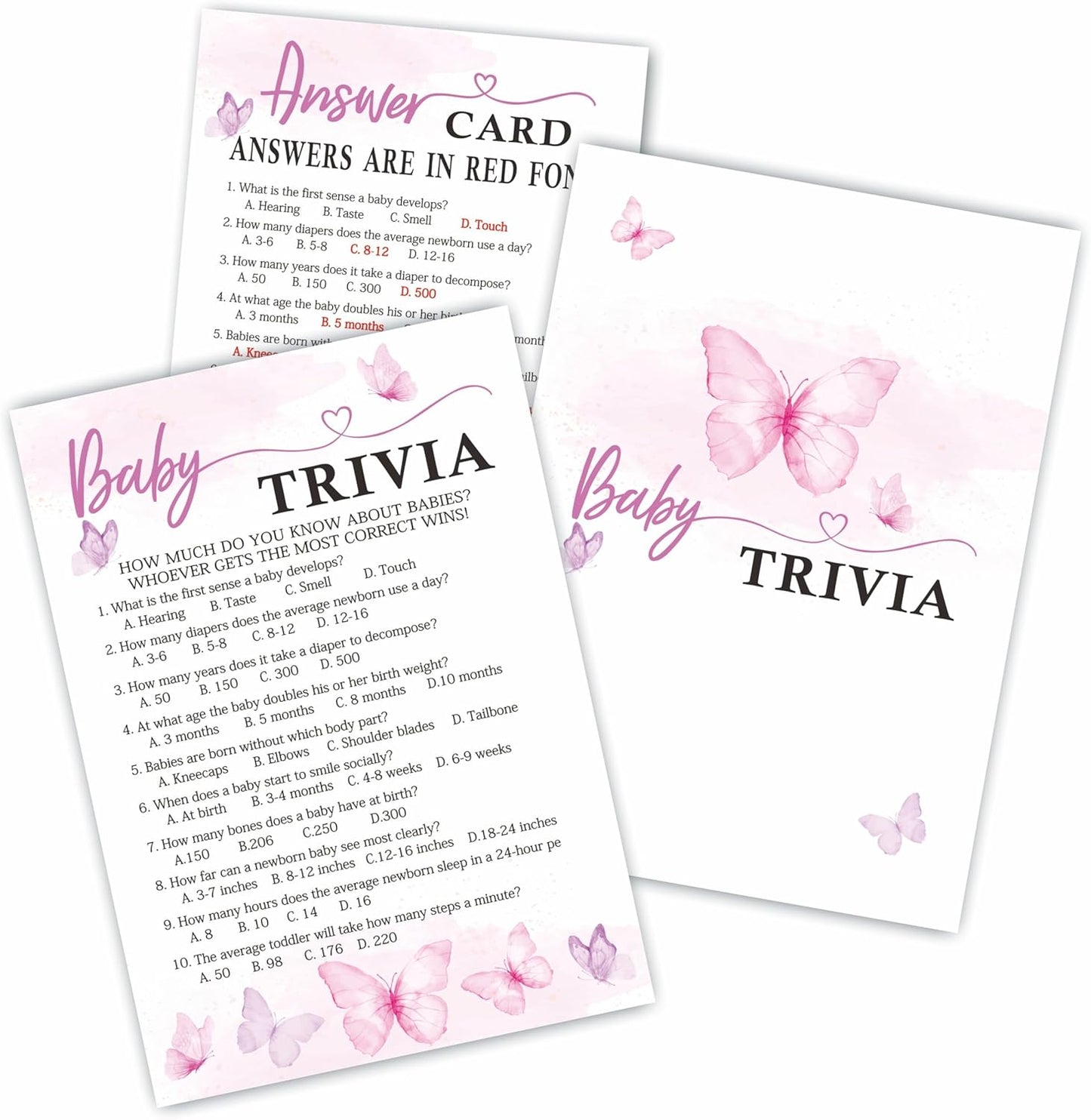 Baby Trivia Game Set for Baby Shower Activity, 30 Double-Sided Fill in Butterflies Game Cards with 1 Answer Card for Girls Boys, Gender Reveal Game，Baby Shower Party Favors & Decorations -A22
