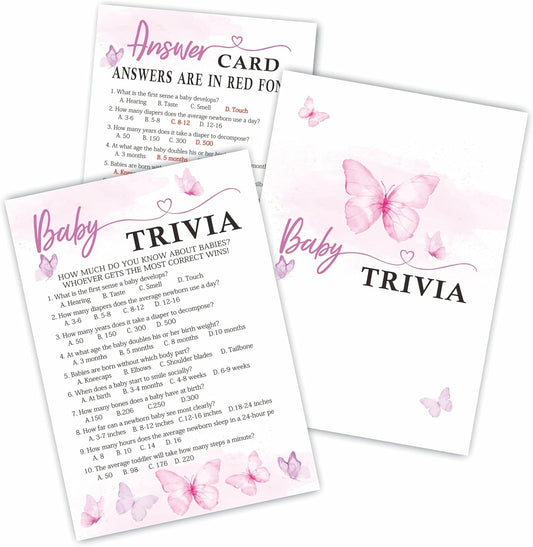 Baby Trivia Game Set for Baby Shower Activity, 30 Double-Sided Fill in Butterflies Game Cards with 1 Answer Card for Girls Boys, Gender Reveal Game，Baby Shower Party Favors & Decorations -A22