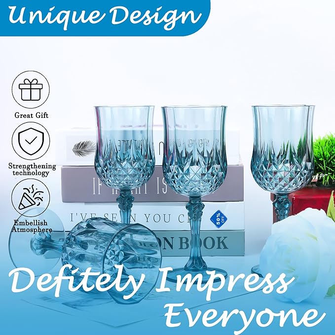 Plastic Wine Glasses, Plastic Goblets Vintage Style Cordial Unbreakable Drinking Glasses, Reusable Drinkware for Wedding Reception, Grand Event Party Supplies, Easter (24, Dusty Blue)