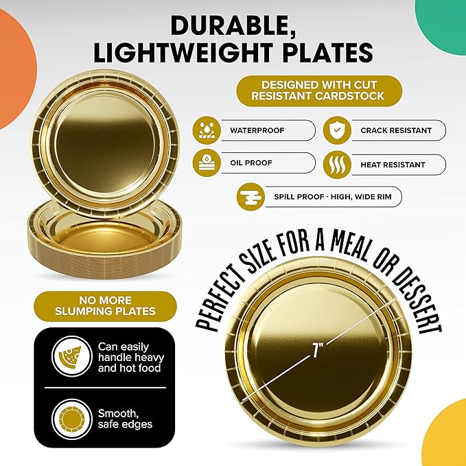 Exquisite Gold Paper Plates Disposable Heavy Duty 7 Inch Gold Disposable Plates For Party 100 Pcs Heavy Duty Paper Plate 350 GSM, Birthday Party Supplies Plate Set
