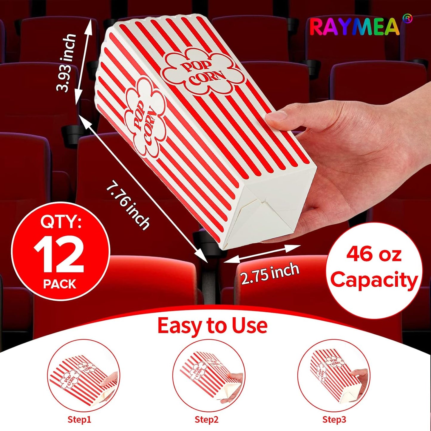 Popcorn Containers Disposable 46 Oz Red & White Striped Cardboard Popcorn Boxes for Movie Night (12 Pack)