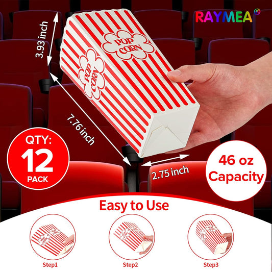 Popcorn Containers Disposable 46 Oz Red & White Striped Cardboard Popcorn Boxes for Movie Night (12 Pack)