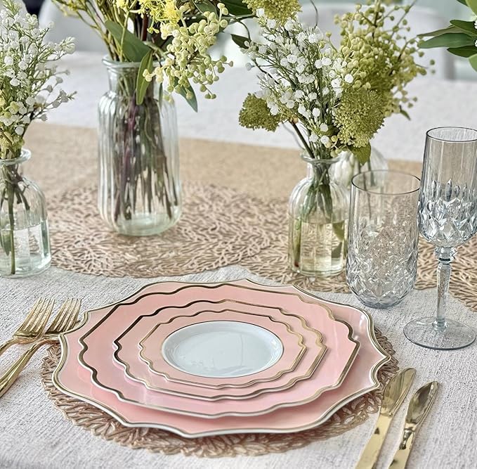 " OCCASIONS " 40 Pieces 13.25'' Scalloped Disposable/Reusable Plastic Charger Plates for Wedding, (Scalloped Imperial Blush & Gold)