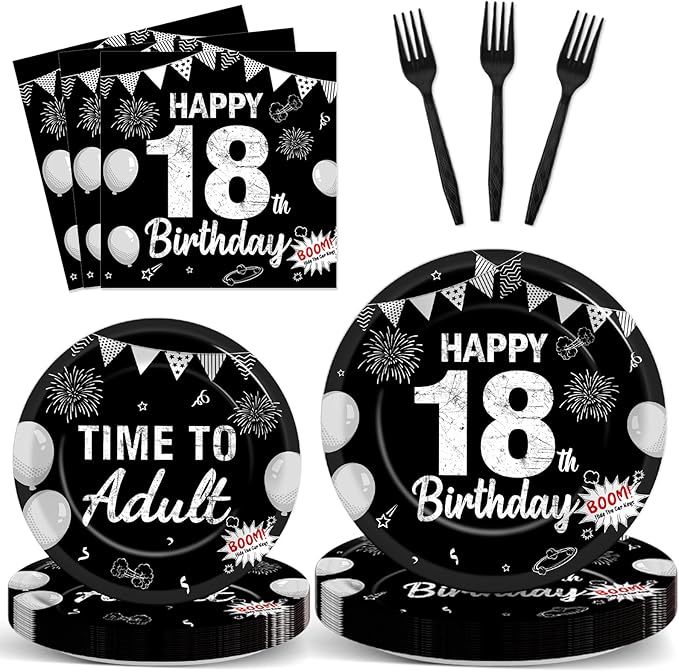 96PCS 18th Birthday Party Paper Plates and Napkins Black Silver 18th Birthday Supplies for Boys and Girls Time to Adult Disposable Dessert Plates Happy 18 Kids Party Birthday Gatherings Decorations