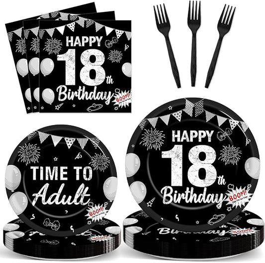 96PCS 18th Birthday Party Paper Plates and Napkins Black Silver 18th Birthday Supplies for Boys and Girls Time to Adult Disposable Dessert Plates Happy 18 Kids Party Birthday Gatherings Decorations