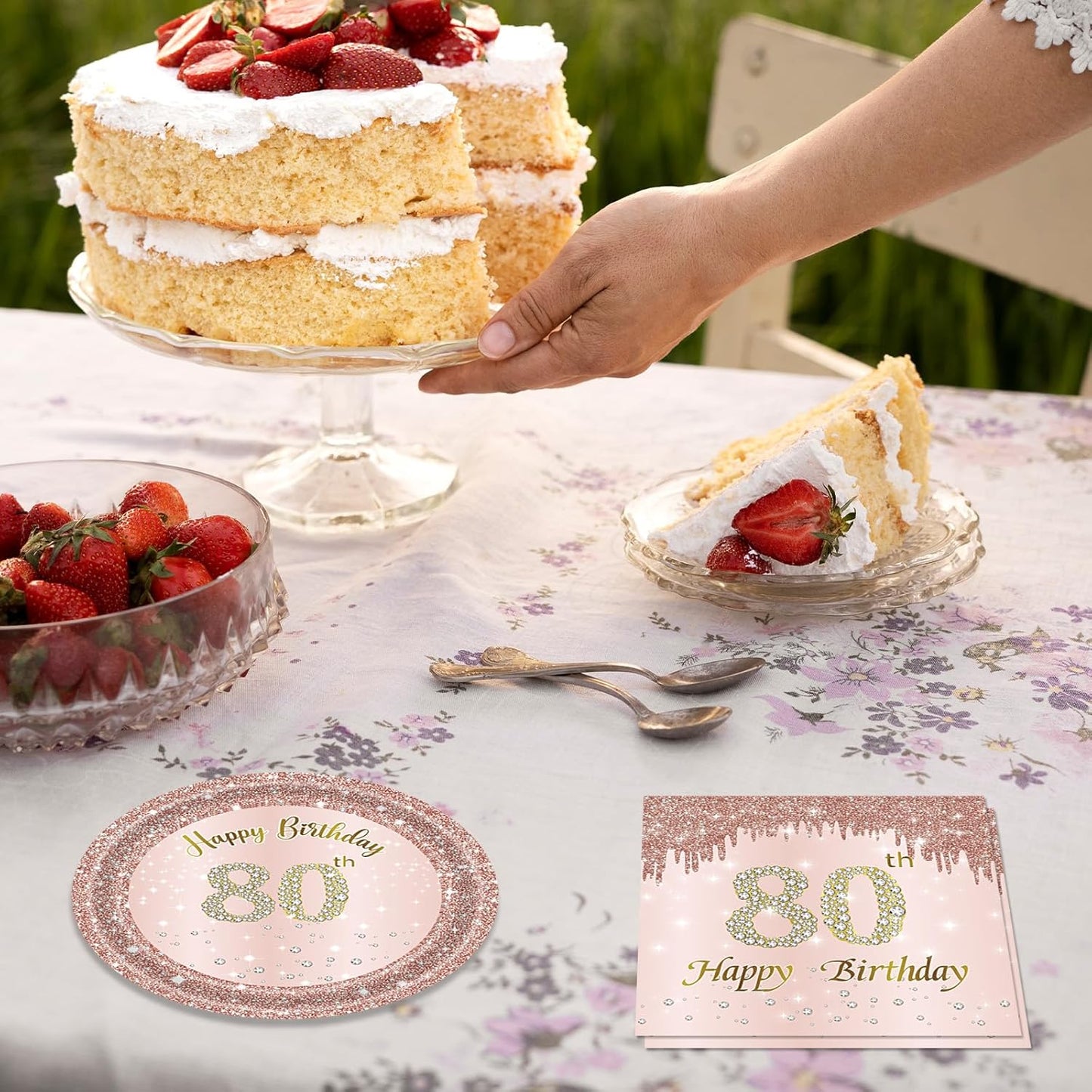 80th Birthday Decorations, Rose Gold Birthday Party Supplies Include 20Pcs Plates 20Pcs Napkins Sweet Eighty Year Old Party Tableware for Girl Ladies Women