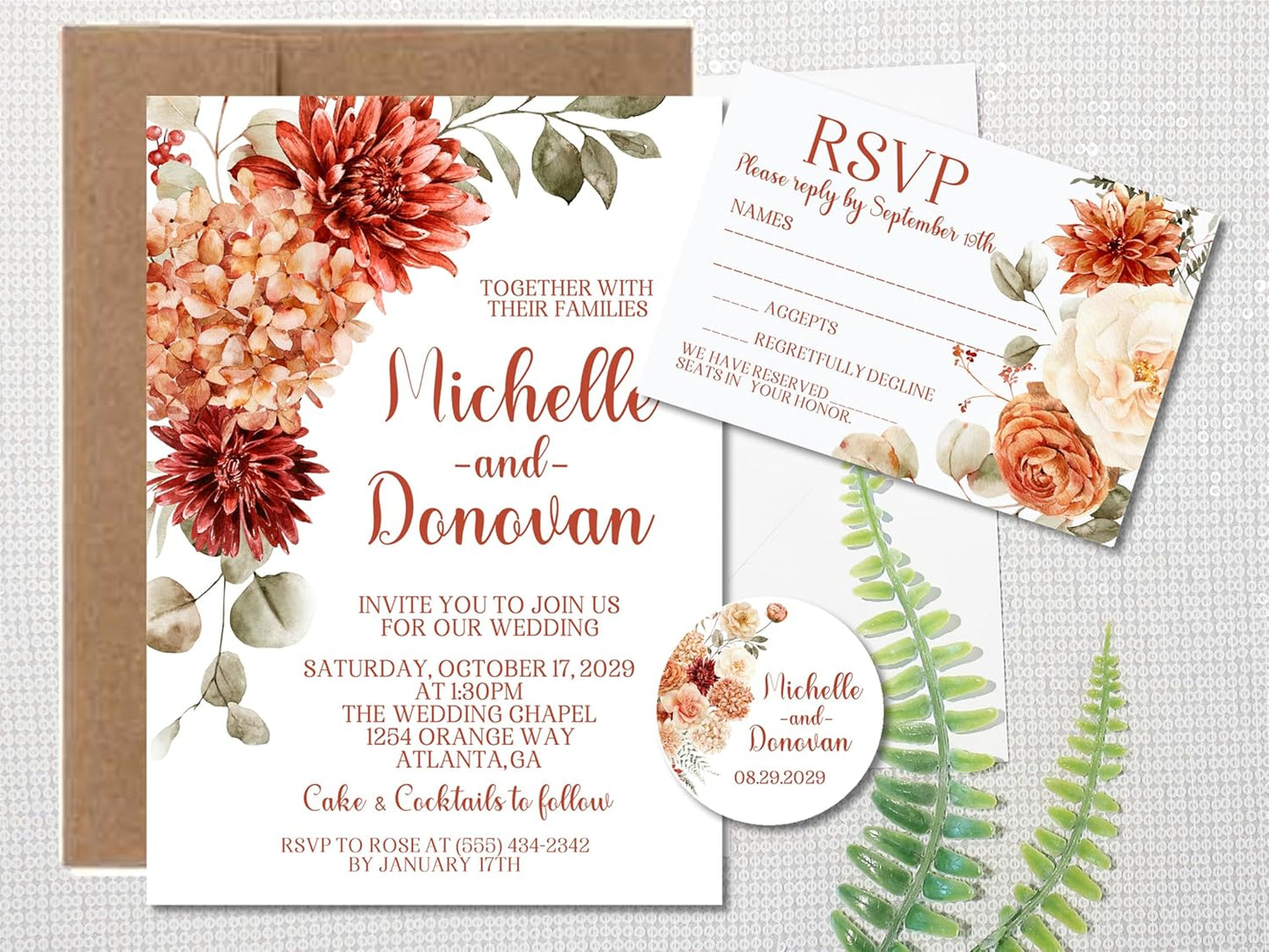 Rustic Orange Fall Wedding Invitations, Burnt Orange & Terracotta Floral, Personalized, Set of 12 Invitations with Envelopes