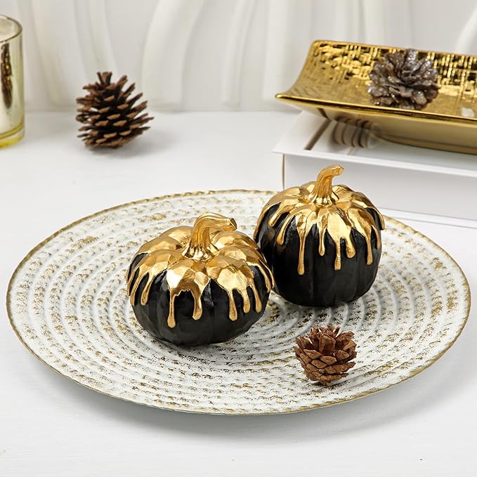 Hollyone Fall Pumpkin Decor 2 PCS Black and Gold Resin Pumpkin Fake Pumpkins for Decorating Figurines Artificial Pumpkins Centerpiece Rustic Farmhouse Halloween Table Fall Decorations for Home