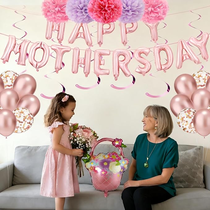 Mothers Day Decorations for Party - Mother's Day Decoration Pom-Poms Set Happy Mothers Banner & Balloon Kit with Pink and Light pruple, Rose Gold Confetti Balloons,Spiral Ornaments for Photo Backdrop & Party Decor